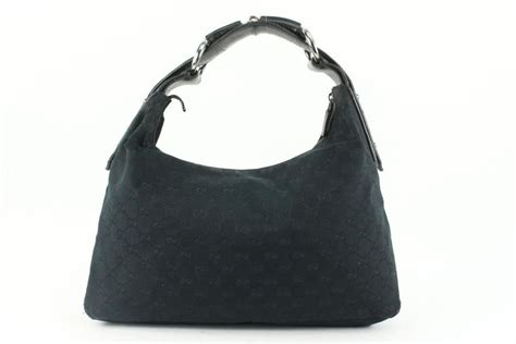 Gucci Black Monogram GG Horsebit Hobo Bag 5G113 